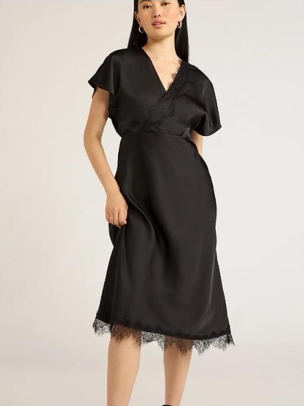 Scoop V-Neck Eyelash Lace Trimmed Bias Cut Flutter Sleeve Midi Dress